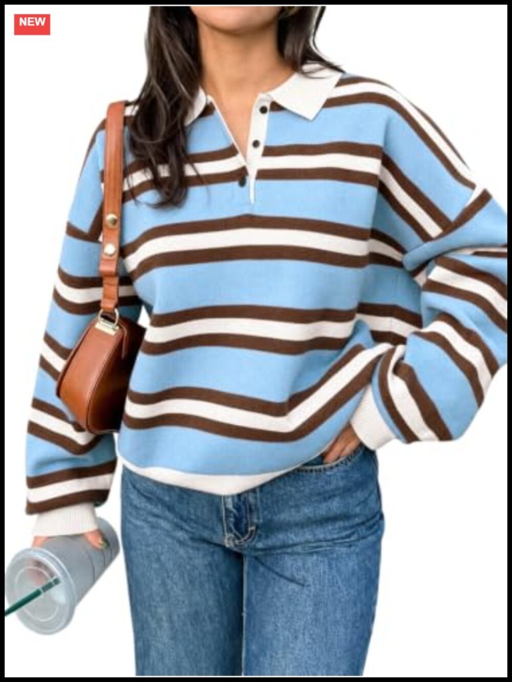 Women's Striped Polo Sweater Long Sleeve Knit Pullover Casual